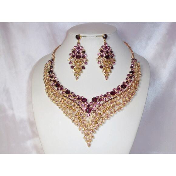 Purple necklace set, purple rhinestone set statement bridal wedding necklace, - Picture 1 of 7